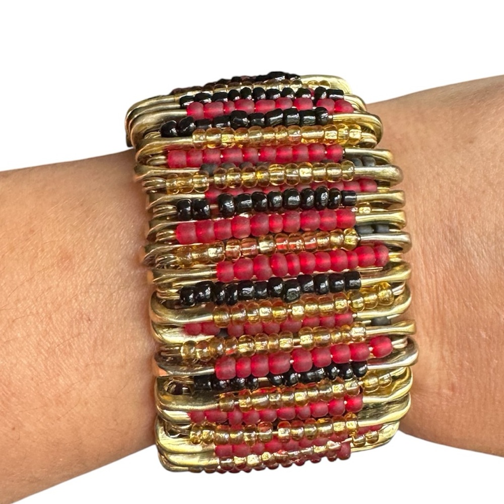 Elegant Gold and Red, black, translucent with 178 glass Beads Bracelet